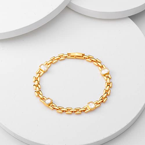 LOYATA Chain Bracelet Gold Link 14K Gold Plated Dainty Pearl Bracelet Simple Jewelry Gift for Women - style: Cubic Zirconia 1