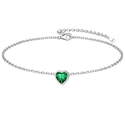 ChicSilver 925 Sterling Silver Anklets for Women, Simple Dainty Round/Heart Birthstone Ankle Bracelet Beach Foot Jewelry, 8.7-10.7 Inch Adjustable - color: 05. Heart - May(Emerald)