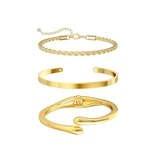 14K Gold Plated Stackable Bangle Bracelets for Women | Dainty Cuff Bracelets, Stackable for Women, Waterproof Bracelet Stack, Gold Jewelry Gifts Trendy Adjustable Accessories - color: 3-layer-H-Gold