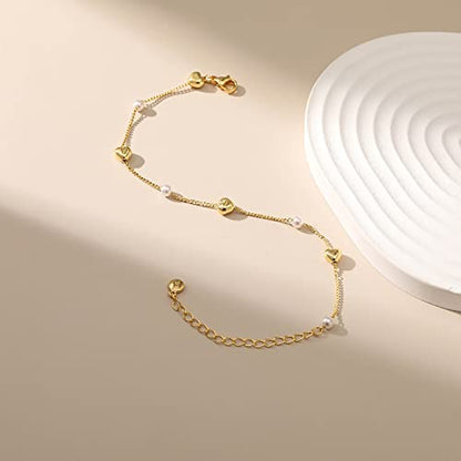 Dainty Gold Bracelets for Women, 18 Gold Plated Adjustable Evil Eye/Butterfly/Beaded/Pearl/Heart/Turquoise Handmade Bracelet for Women - style: Pearl and Heart