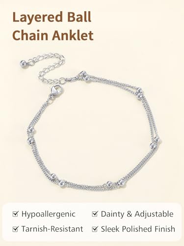 FindChic Ankle Bracelets for Women, Silver/Black/Gold Plated Layered Stainless Steel Anklets, Non-Tarnish Adjustable Waterproof Trendy Foot Jewelry for Beach Summer - style: Layered Ball Chain-Silver
