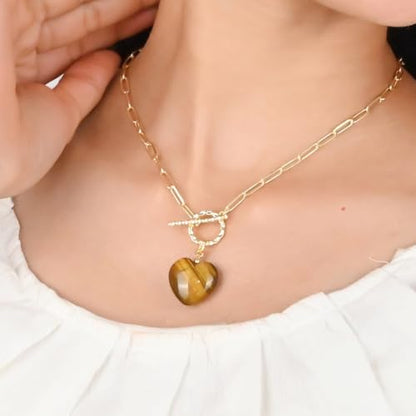 Gempires Gemstone Heart Pendant Necklace for Women, Gold Toggle Birthstone | Handmade gemstone heart pendant necklace — choose from 11 stones and birthstones, gold toggle paperclip chain. - color: Tiger Eye