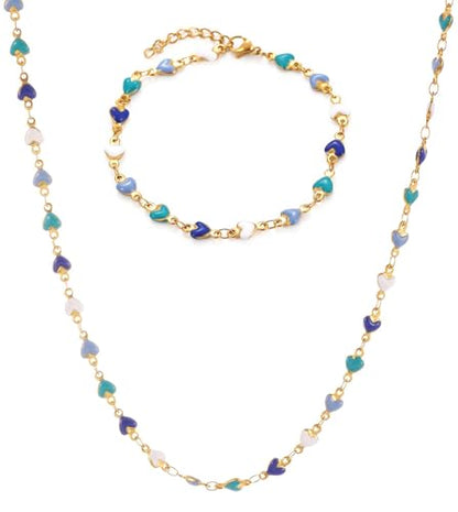 Gold Jewelry Set for Women, Dainty 18K Gold Plated Heart Necklaces Bracelets Set, Elegant Choker Necklaces Bracelets Trendy Valentine Anniversary Birthday Jewelry Gift - color: Blue