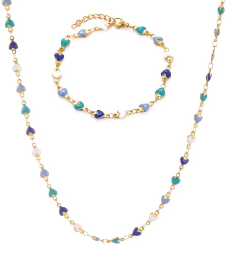 Gold Jewelry Set for Women, Dainty 18K Gold Plated Heart Necklaces Bracelets Set, Elegant Choker Necklaces Bracelets Trendy Valentine Anniversary Birthday Jewelry Gift - color: Blue