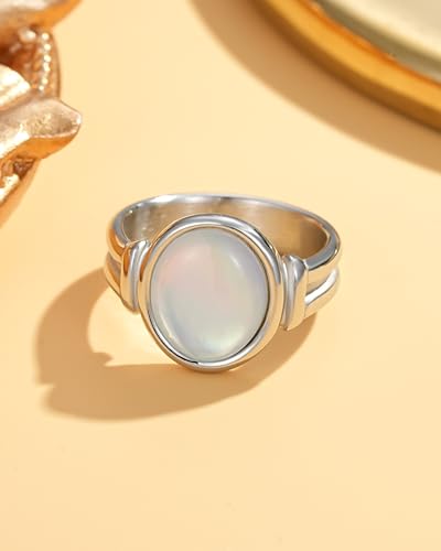 YeGieonr Gold Rings for Women Trendy Non Tarnish Chunky Gold Plated Ring, Waterproof Stainless Steel Gold Jewelry Gift - color: Mother of Pearl Silver, size: 7