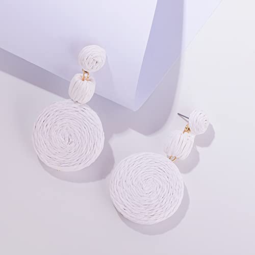 Statement Raffia Boho Round Dangle Ball Earrings - Cute Handmade Summer Bohemian Dangling Jewelry for Women - color: White