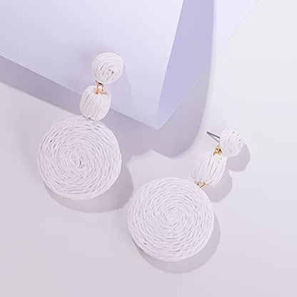 Statement Raffia Boho Round Dangle Ball Earrings - Cute Handmade Summer Bohemian Dangling Jewelry for Women - color: White
