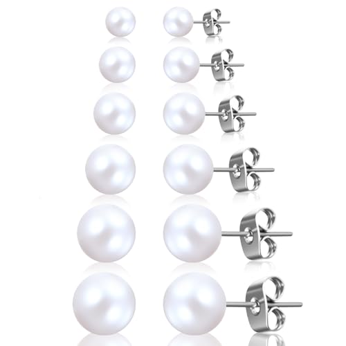 6 Pairs Pearl Earrings Studs, Stainless Steel Studs 3-8mm Pearl Stud for Women Adult Birthday Valentine's Day Women's Jewelry Gifts