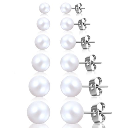 6 Pairs Pearl Earrings Studs, Stainless Steel Studs 3-8mm Pearl Stud for Women Adult Birthday Valentine's Day Women's Jewelry Gifts