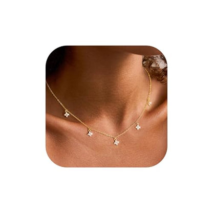 Ursteel 14K-Gold-Plated Necklace for Women Girls, Cute Daisy Pearl Necklace for Girls Clover Butterfly Cubic Zirconia Flower Evil Eye Station Necklaces for Women Teen Girl Gifts - color: "Clover Zircon