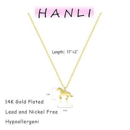 HANLI 14K Gold Plated Necklaces for Women - Dainty Butterfly, Star of David, Moon and Star, Sun, Lotus, Infinity, Hummingbird, Bee,Boots,Chill,Sunflower Pendant Designs - Elegant Jewelry for Women - color: Horse-necklace