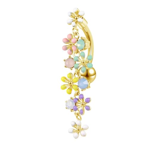Colorful Daisy Flower Belly Button Ring 316L Surgical Stainless Steel CZ Cute Enamel Flowers Dangle Navel Belly Rings Dainty Body Piercing Jewelry Gifts for Women 14G - color: Gold