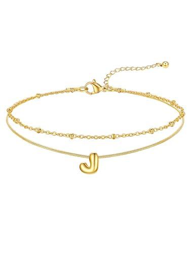 FOCALOOK Initial Anklet Bracelet for Women, 14K Gold Plated Anklets Layer Letter Ankle Chain Non Tarnish, 8.5"+2" Adjustable Large Ankle Summer Beach Foot Jewelry - color: Gold-J