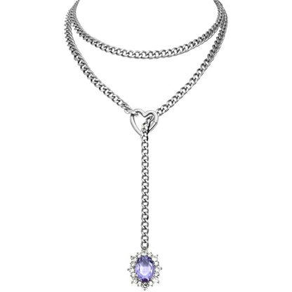 Women's Heart O-Ring Slip Chain Necklace, Double Layered Adjustable 39'' Cuban Chain with Detachable Heart Clasp and Colorful Rhinestone Pendant - color: 39'' Silver-Amethyst Purple