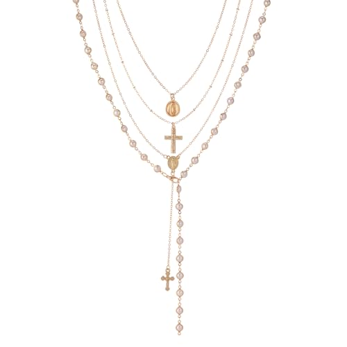 KURTCB Rhinestone Necklace for Women Boho Long Y Lariat Gold Necklace Stack Colorful Summer Beach Jewelry - color: Gold Pearl Cross