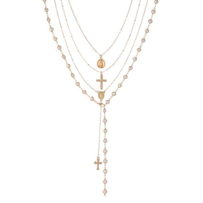KURTCB Rhinestone Necklace for Women Boho Long Y Lariat Gold Necklace Stack Colorful Summer Beach Jewelry - color: Gold Pearl Cross