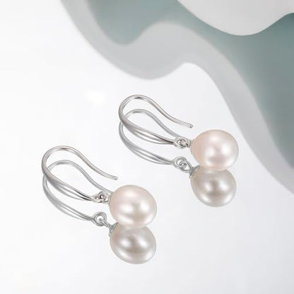 EAMTI Pearl Earrings for Women 925 Sterling Silver Freshwater Cultured Pearl Dangle Drop Earrings Hook Earrings Hypoallergenic - color: Rice Pearl-Silver