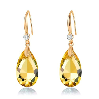 Austrian Crystal Teardrop Dangle Drop Earrings for Women 14K Gold Plated Hook Earring Hypoallergenic Jewelry Gifts for Women Girls - color: Yellow