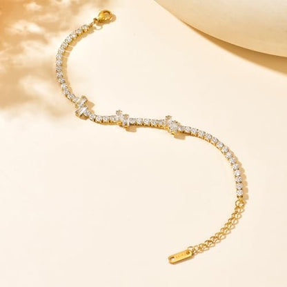 18K Gold Plated Cubic Zirconia Tennis Bracelet for Women Sparkling Stackable Stainless Steel Jewelry Hypoallergenic Tarnish Resistant Bridal Gift - color: White Baguette CZ-Gold