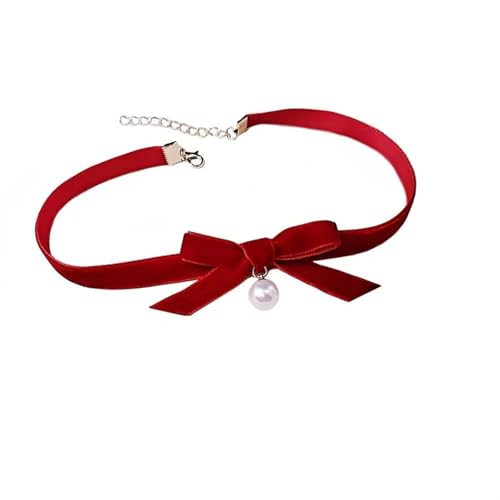 Bow Necklace for Women Red Bow Velvet Choker Necklace Black Ribbon Pearl Pendant Necklace Cute Bow Knot Necklace for Christmas Gifts - color: Bow Red