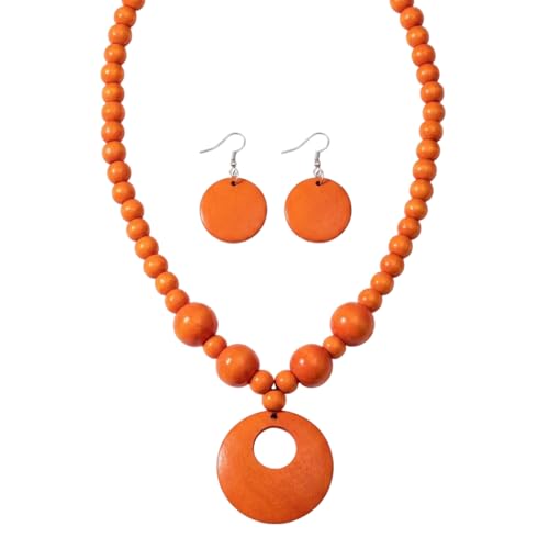 Soyzvteo Boho Wooden Beaded Necklace Earring Set Chunky Statement Costume Jewelry Retro Ethnic Accessories for Women - color: Orange