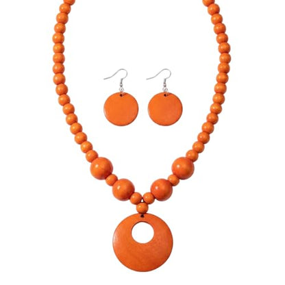 Soyzvteo Boho Wooden Beaded Necklace Earring Set Chunky Statement Costume Jewelry Retro Ethnic Accessories for Women - color: Orange