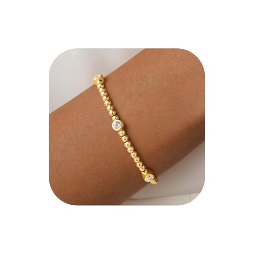 M MOOHAM Gold Beaded Charm Bracelets for Women Girls Non Tarnish | 14K Gold Plated, Dainty CZ Heart Smile Face Cross Charm Stretch Bead Bracelet for Women Teenage Teen Girls - color: Round CZ