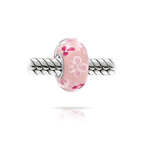 Bling Jewelry .925 Sterling Silver Murano Glass Floral Blue Green Pink Red Black White Flower Spacer Charm Bead For Women Teen for Bracelet - color: Pink