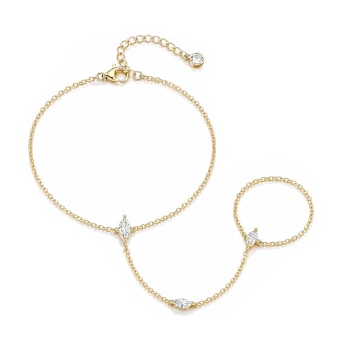 Bracelets for Women, Dainty Gold Silver Ring Bracelet Hand Chain | Cubic Zirconia Pearl Charms, 14K Gold Plated, Adjustable Fit, Trendy Stackable Link Chain, Waterproof Jewelry, Gift for Her - color: Gold-marquise hand chain