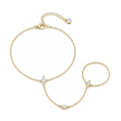 Bracelets for Women, Dainty Gold Silver Ring Bracelet Hand Chain | Cubic Zirconia Pearl Charms, 14K Gold Plated, Adjustable Fit, Trendy Stackable Link Chain, Waterproof Jewelry, Gift for Her - color: Gold-marquise hand chain