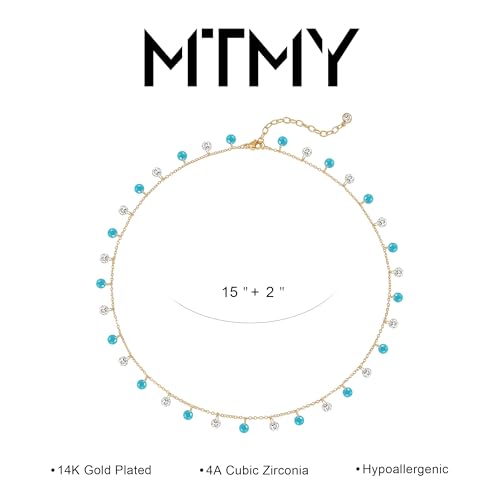 MTMY Gold Choker Necklace for Women, 14K Gold Plated Dainty Cubic Zirconia Cross Heart Shell Teardrop Charm Station Necklaces Trendy Summer Jewelry Gift - style: Turquoise CZ