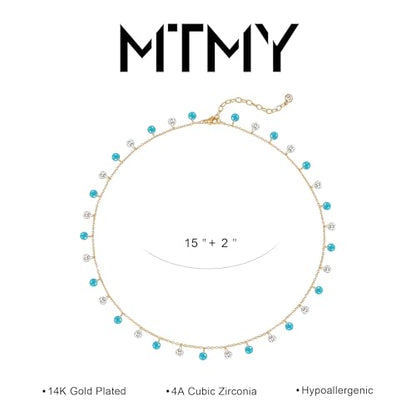 MTMY Gold Choker Necklace for Women, 14K Gold Plated Dainty Cubic Zirconia Cross Heart Shell Teardrop Charm Station Necklaces Trendy Summer Jewelry Gift - style: Turquoise CZ