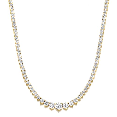 BREN 3 Prong Graduated Tennis Necklaces for Women Men, 18K White/Yellow Gold Plated 16/18 inches Round Cubic Zirconia Dainty Chain Wedding Jewelry Gift - color: Gold, size: 18 inch