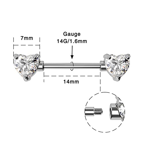 OUFER 2PCS 14G Surgical Steel Nipple Rings Barbell Heart CZ Nipple Rings Piercing for Women nippleshield Piercing Body Piercing - color: White