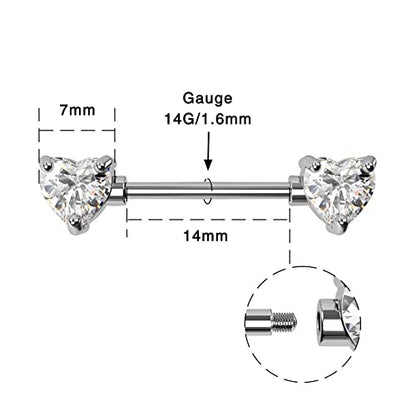 OUFER 2PCS 14G Surgical Steel Nipple Rings Barbell Heart CZ Nipple Rings Piercing for Women nippleshield Piercing Body Piercing - color: White