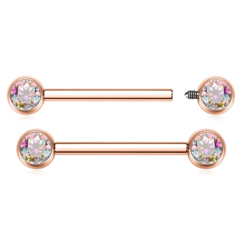 AROWRO Nipple Piercing Jewelry Nipple Rings Titanium Nipple Rings Implant Grade Hypoallergenic 14G Internally Threaded Straight Barbells with Cubic Zirconia Opal Gold Silver Rose Gold Black 12mm 14mm 16mm 18mm 20mm - color: Rose Gold+Clear ABCZ