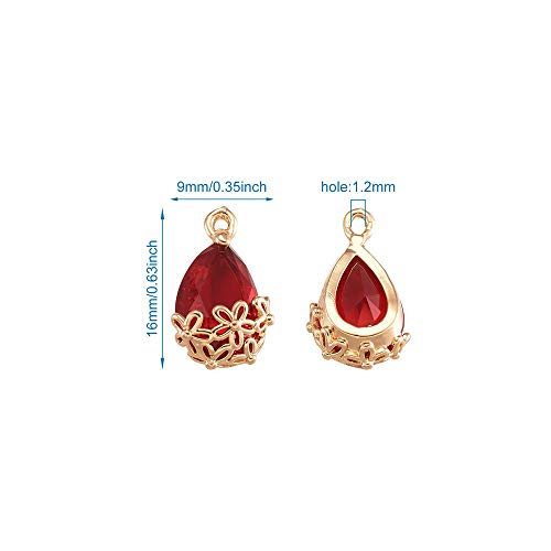 FASHEWELRY 50Pcs Faceted Transparent Glass Teardrop Pendants Crystal Glass Dangle Oval Drop Bead Charms with Golden Flower Open Back Settings for Jewelry Craft Making - color: Red