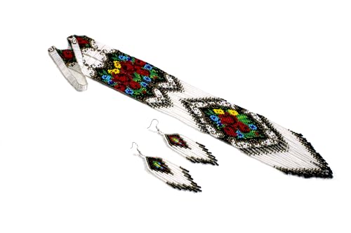 Long Beaded Necklace – Boho Native Handmade Seed Bead Tassel Necklace, Bohemian Large Statement Beaded Necklace for Women - color: White Rose Red
