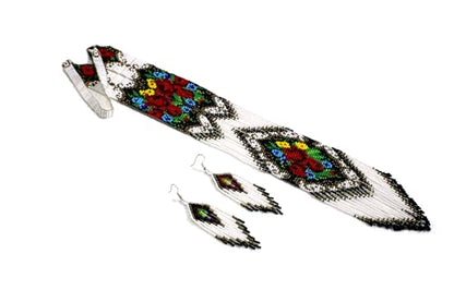 Long Beaded Necklace – Boho Native Handmade Seed Bead Tassel Necklace, Bohemian Large Statement Beaded Necklace for Women - color: White Rose Red