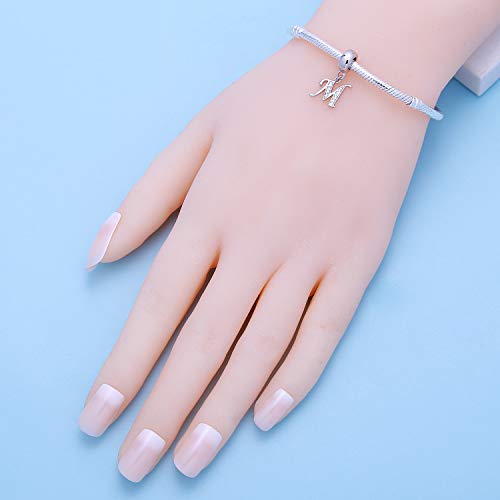 925 Sterling Silver Letter Charms Fits Pandora Bracelets, Gift for Women | A-Z Alphabet Initial Charm with CZ,Great gift for Christmas, Valentine's Day, Mother's Day. - color: M