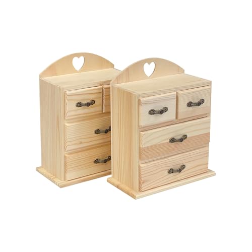 Pack of 2 Unfinished Wood box with Mini Drawers for Jewellery,Small Wooden Organizer Storage Box for Crafts Hobbies DIY Project