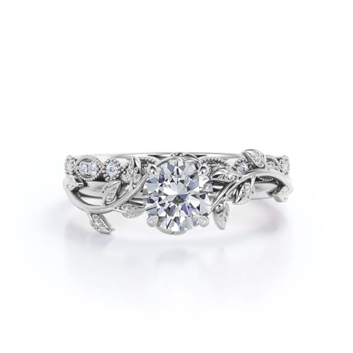 Center 1 CT Round Cut Floral Moissanite Wedding Rings Sets for Women Leaf and Vine Art Deco Engagement Ring Sets in S925 Sterling Silver 10K 14K 18K Gold with Text Engraving - color: Style A