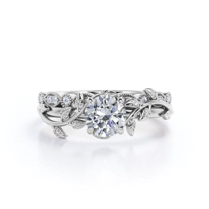 Center 1 CT Round Cut Floral Moissanite Wedding Rings Sets for Women Leaf and Vine Art Deco Engagement Ring Sets in S925 Sterling Silver 10K 14K 18K Gold with Text Engraving - color: Style A
