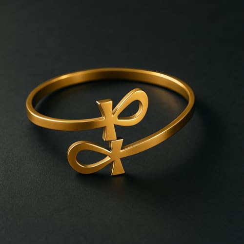 Gold Statement Cuff Bracelet Ankh Cross - Waterproof Stainless Steel Open Bangle Hypoallergenic Egyptian Key of Life Jewelry, Adjustable Protection Amulet for Women Men - color: Gold Statement Double Ankh