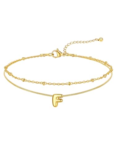 FOCALOOK Initial Anklet Bracelet for Women, 14K Gold Plated Anklets Layer Letter Ankle Chain Non Tarnish, 8.5"+2" Adjustable Large Ankle Summer Beach Foot Jewelry - color: Gold-F