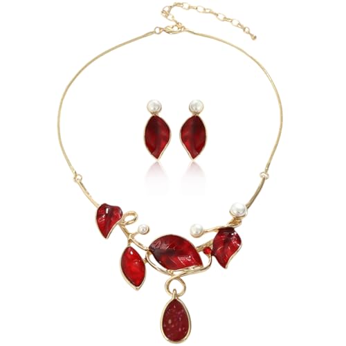 Vintage Statement Jewelry Set - Chunky Flower Floral Plant Geometric Resin Bib Necklace Earring Set Bohemian Boho Crystal Rhinestone Fashion Jewelry for Women Bridal Party Prom Unique Gift - style: MLJS2609-Red