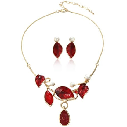 Vintage Statement Jewelry Set - Chunky Flower Floral Plant Geometric Resin Bib Necklace Earring Set Bohemian Boho Crystal Rhinestone Fashion Jewelry for Women Bridal Party Prom Unique Gift - style: MLJS2609-Red