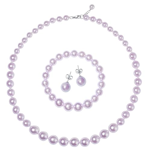 Faux Pearl Jewelry Set for Women, 3 Piece Necklace Bracelet Earrings | Glass Material, Adjustable Comfortable Fit, Party & Prom Accessory - style: Purple 16 inches