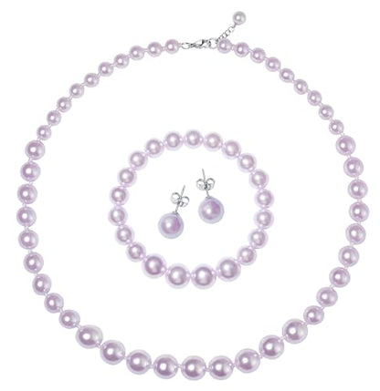 Faux Pearl Jewelry Set for Women, 3 Piece Necklace Bracelet Earrings | Glass Material, Adjustable Comfortable Fit, Party & Prom Accessory - style: Purple 16 inches