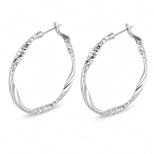 Women's Gold and Silver Twisted Hoop Earrings, 14K Gold Plated Textured Earrings, Hypoallergenic Lightweight Fashion Jewelry, Suitable for Daily Wear, Party, Wedding or as a Gift for Women - color: Silver